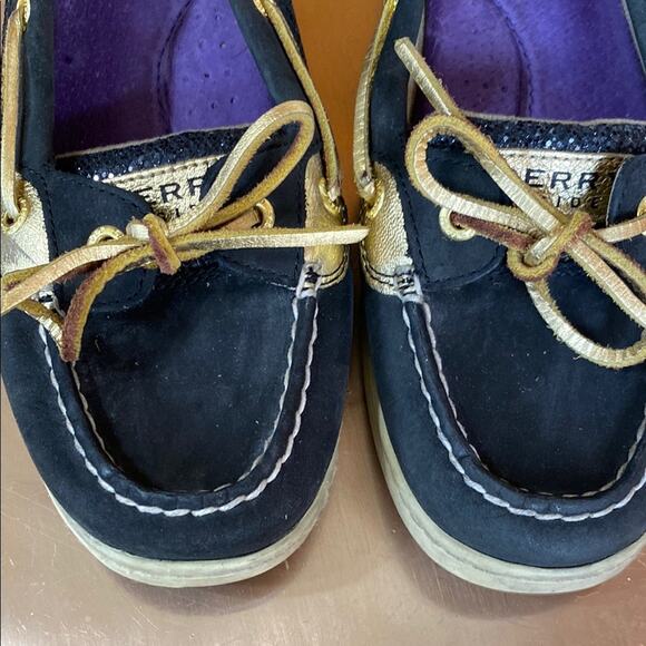 Sperry Black and Gold Boat Shoes Leather Laces - Picture 3 of 13